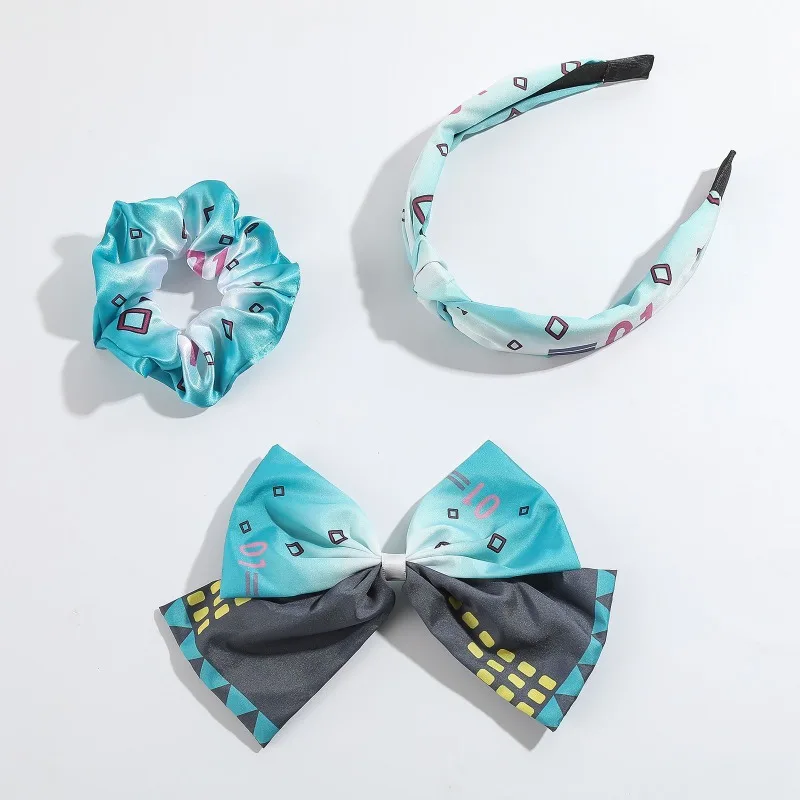 Anime Hatsune Miku Cosplay Hair Accessories Set Satin Bow Hair Clip Knotted Headband Long Ribbon Scrunchie Impression Hairband