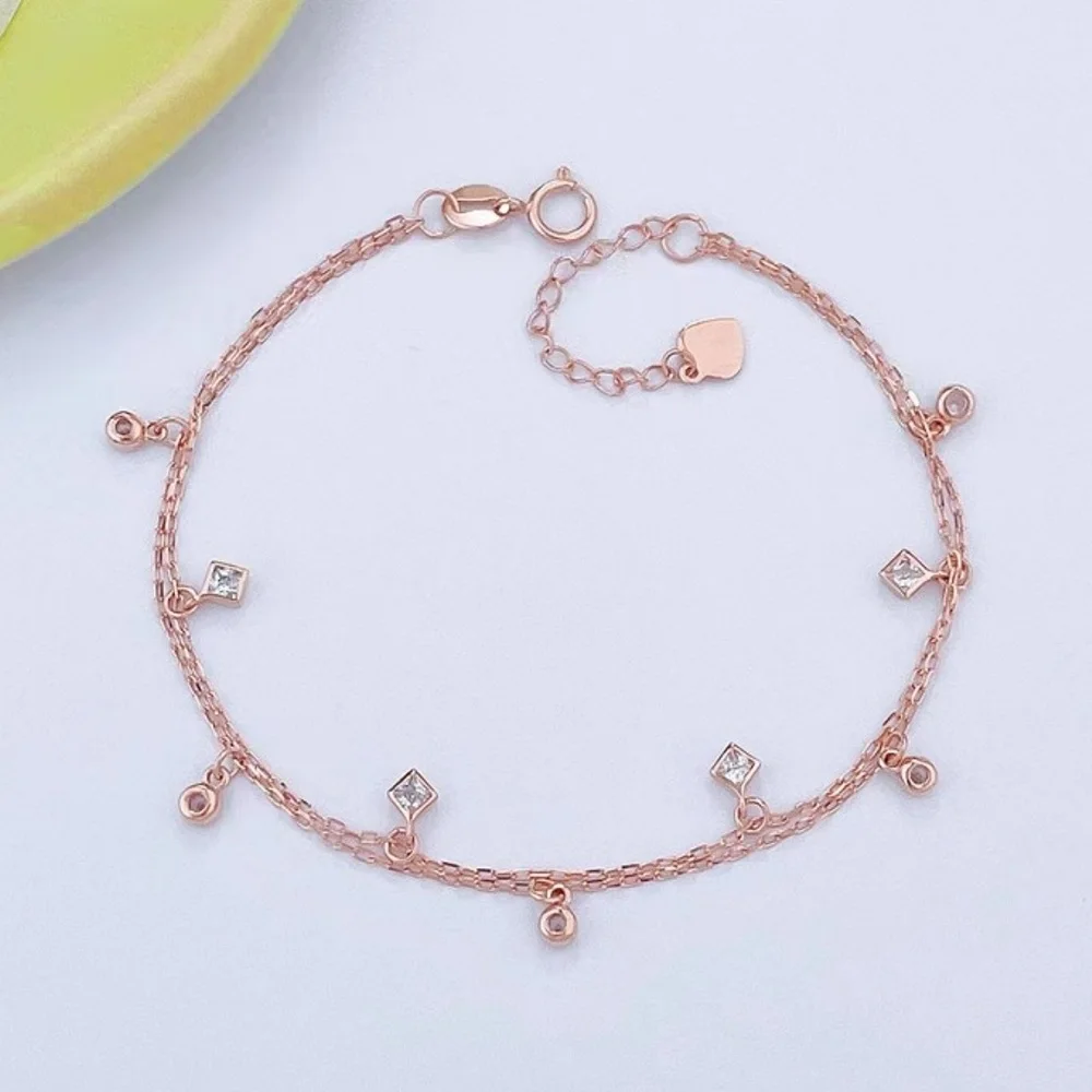 

Real Pure 18K Rose Gold Chain Women Gift Lucky Zircon Double O Link Bracelet 2.24-2.3g