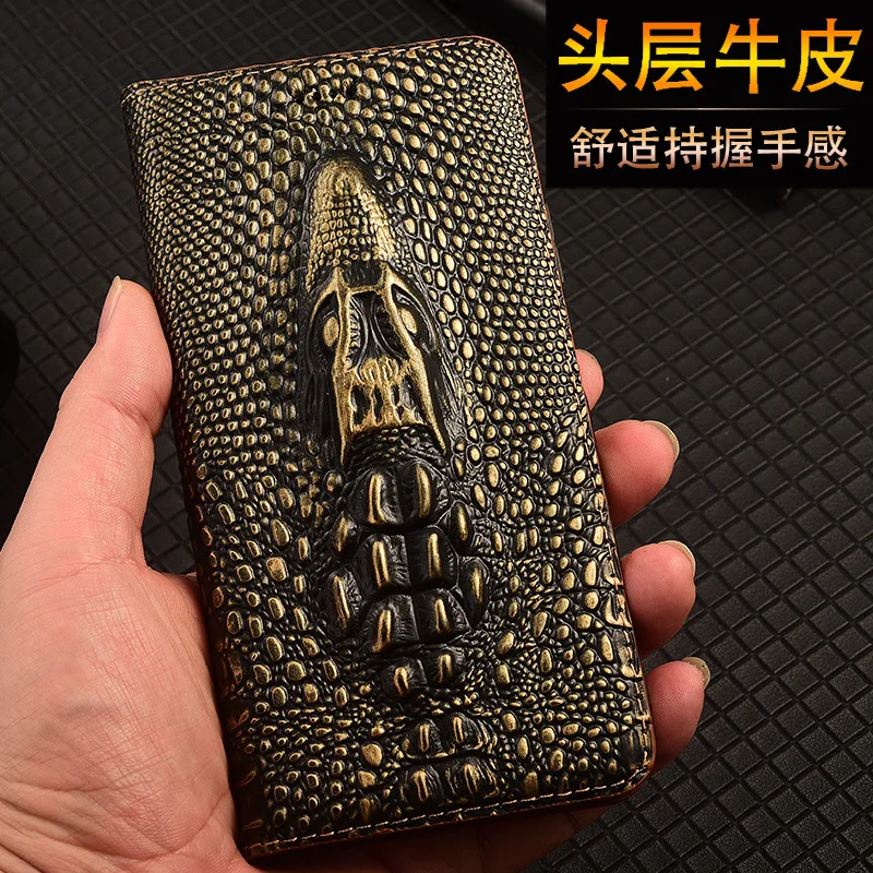 

100% Cowhide Genuine Leather For Honor Magic 8 & Magic 7 Pro Air Lite Case 3D Crocodile Head Magnetic Card Pocket Wallet Cover