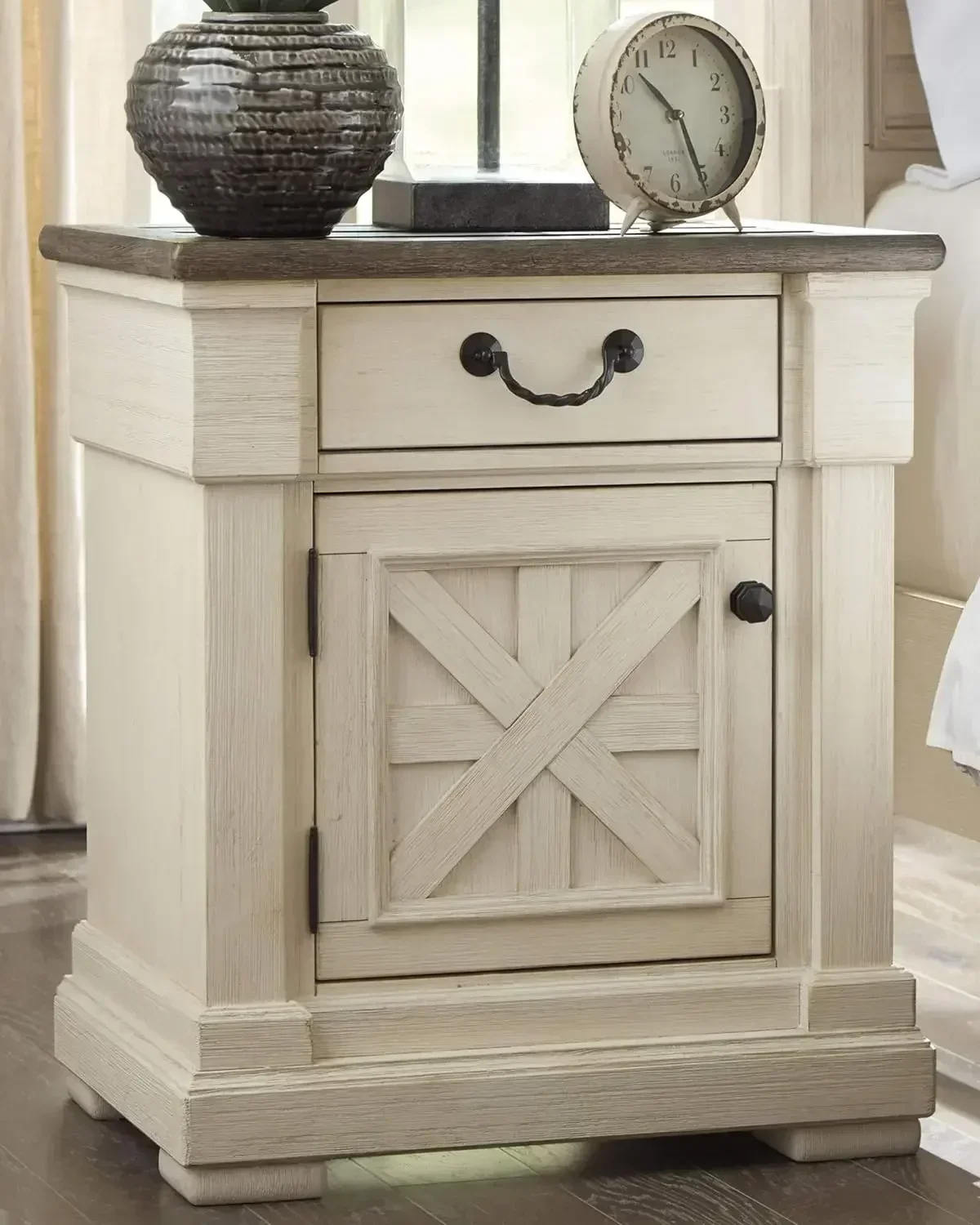 by Ashley Bolanburg Farmhouse 1 Drawer Nightstand with Outlets & USB Charging Ports, Antique White