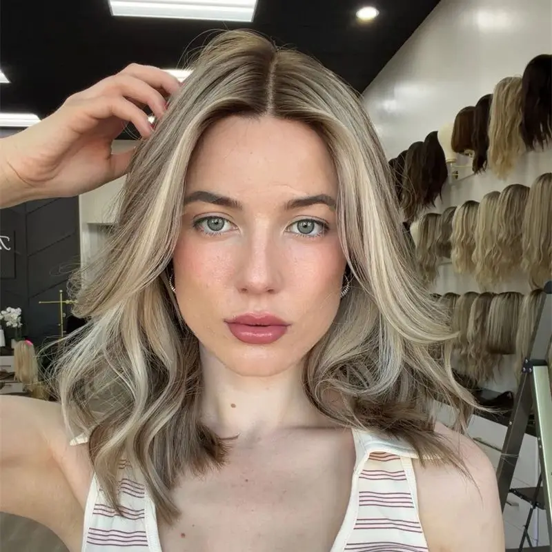 

Высококачественный парик 13x4 с центральным пробором, омбре, пепельно-русый с коричневыми прядями балаяж, короткий волнистый боб, моющийся, синтетический, без клея