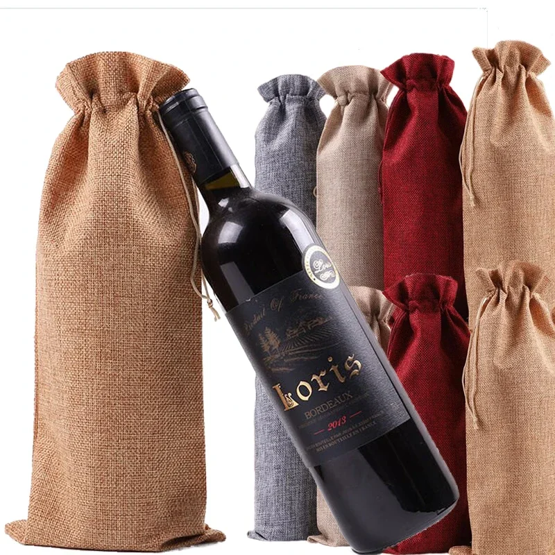 Retro Linen Red Wine Bags Durable Sturdy Drawstring Wine Bag Countryside Style Coarse Red Wine Packaging Bag Set Gift Giving