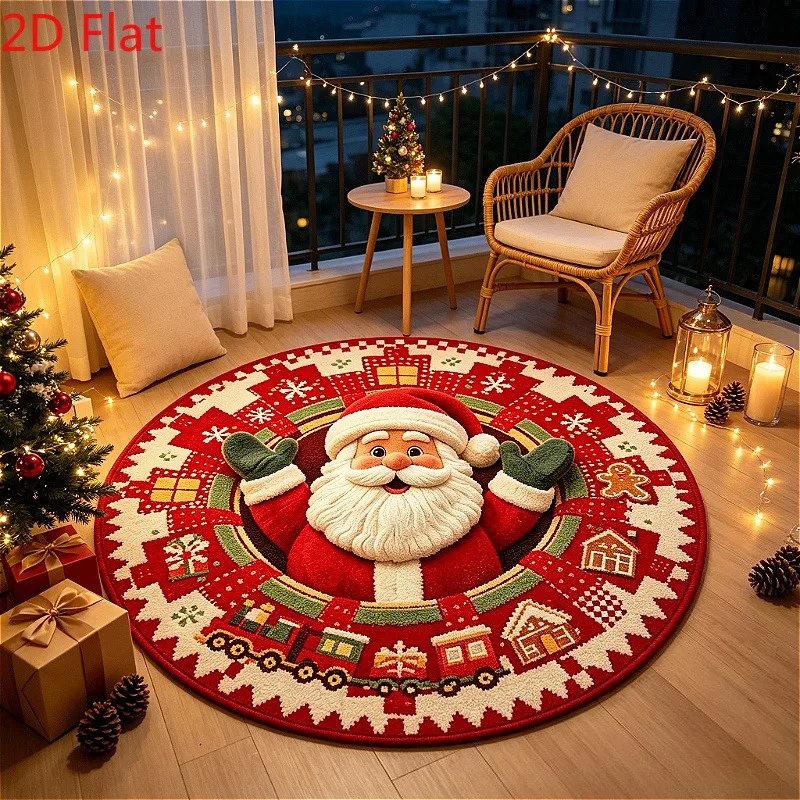 Soft Circle Rug 2D FLAT Luxury Christmas Tree Carpet Flannel Warm Fluffy Cozy Golden Baroque Frame Bedroom Floorpad