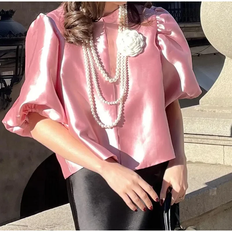Elegante Damen-Satinbluse mit O-Ausschnitt, Puffärmeln, Schnallenverschluss, einfarbig, locker geschnitten, vielseitig kombinierbar, Party-Mode-Oberteil, Sommer 2026 – Detail 15