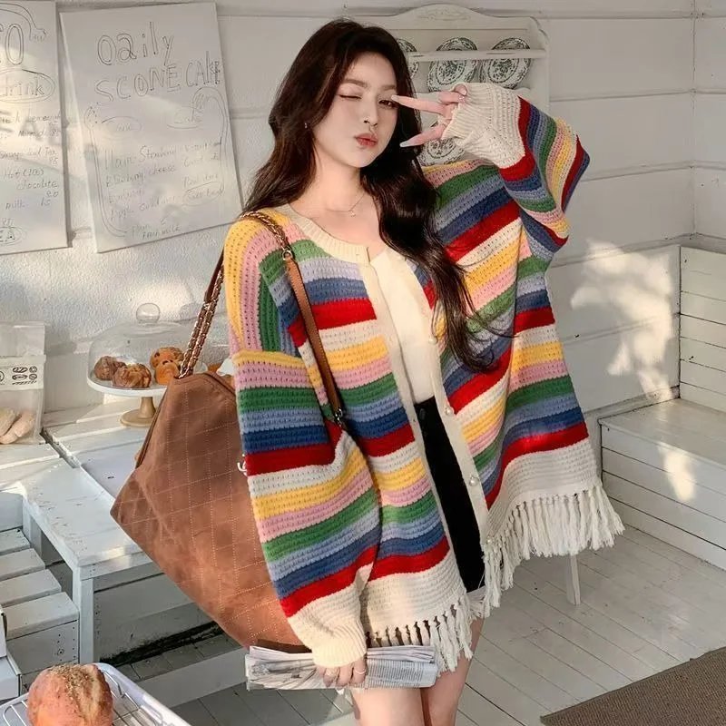 المرأة بالأزرار قوس قزح شريط محبوك سترة للنساء جديد الجوف خارج كم طويل شرابة واحدة الصدر مخطط أبلى جديد #4