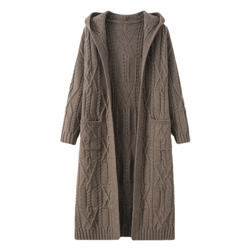 100% Cashmere Sweater Long Cardigan Women Winter Warm Soft High Quality Thick Hooded Luxury Open Stitch Korean Fashion