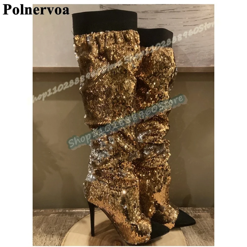 

Over The Knee Gold Sparkling Sequins Splicing Boots Thin High Heel Women Shoes Slip On Pointed Toe Fashion Zapatos Para Mujer
