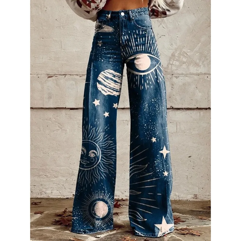Y2K Ästhetik: Himmelblau-Sonnen-Mond-Stern-Print High-Waist Wide-Leg-Hose für Damen – Grunge Streetwear Lässige Loose-Fit-Hose Übergröße – Detail 2