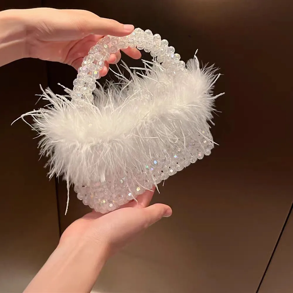 Parel kralen tas met veren bont Designer merk helder acryl kristal stenen doos Tote handtas vrouwen handgemaakte feesttas