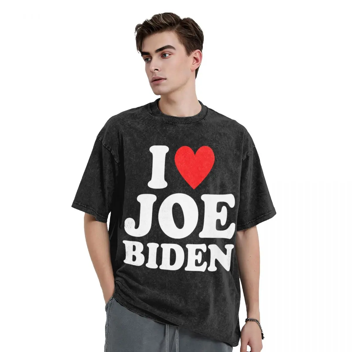 I Love Biden Washed T Shirt Streetwear Hip Hop Novelty T-Shirts Tees for Men Women Cotton High Street Graphic