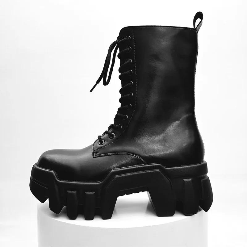 Thick Soled Mid-Calf Boots Men Lace-Up Punk Style Motorcycle Short Boots Height Increasing 8Cm High Bottomed Male Boots