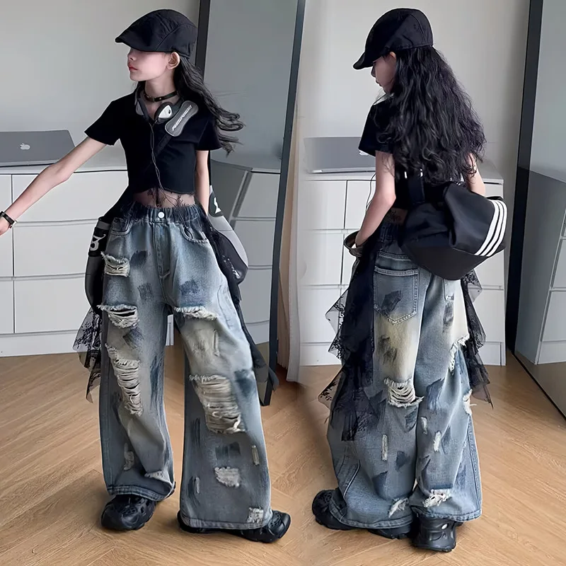 Girls' American-style Vintage Hip hop Ripped Graffiti Denim Pants Girl Summer Streetwear Trendy Design Loose Wide-leg Jeans