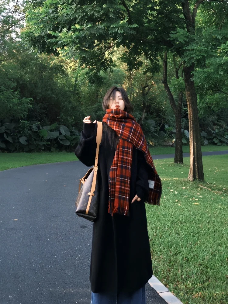 Thickened Plaid Scarf Korean Style Warmth Neck Protection Windproof Cold Resistance Cycling Red And White Stripes Long Rectangle