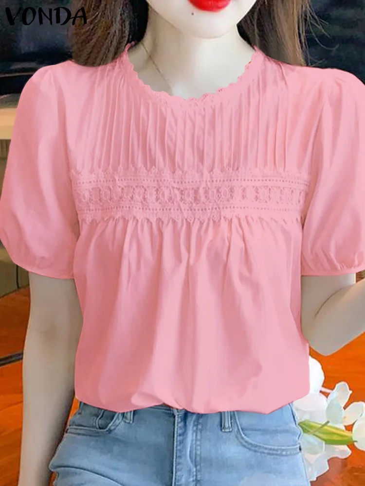 

Women Lace Blouse Summer Tops 2024 VONDA Fashion Tunic Casual Solid Color Shirts Pleated Short Puff Sleeve Loose Blusas Feminina