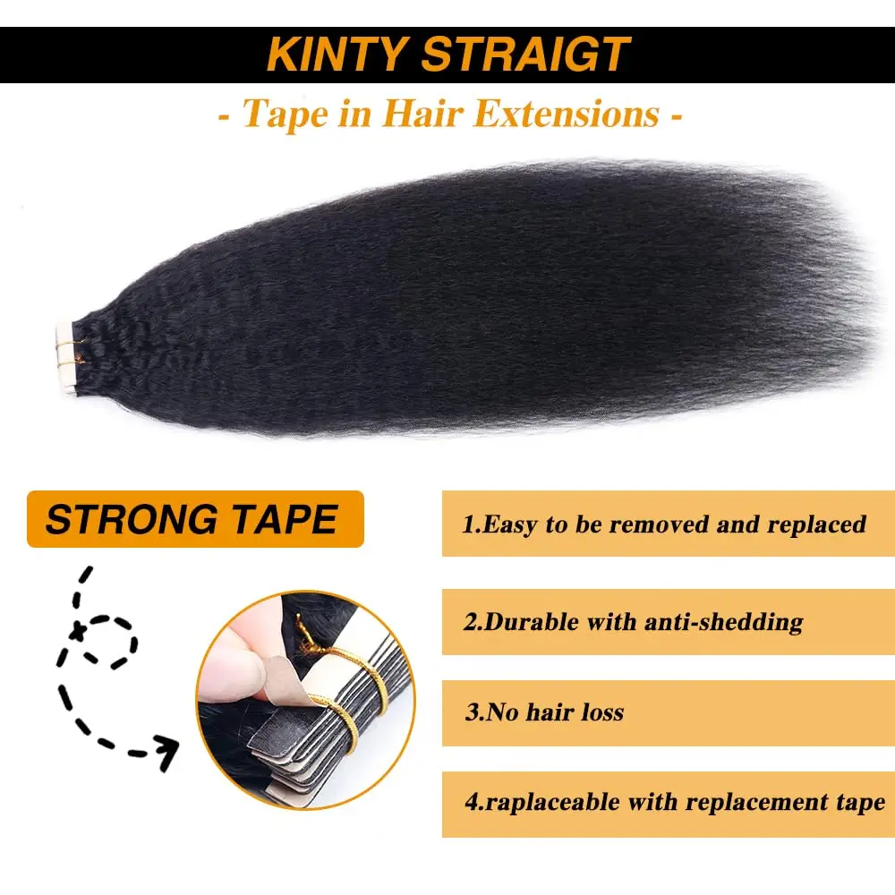 Kinky Straight Hair Extensions Real Human Hair Adhesive Invisible Full Head Natural Black #1B Tape In Hair Extensions 16-26 Inch