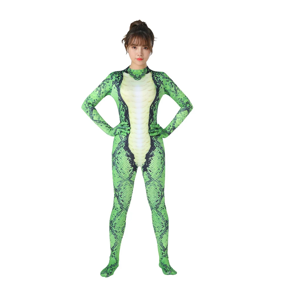 

Green Python Anaconda Emerging From Cave Onesie Bodysuit From The Animal Series Snake Cosplay Halloween Women's Sexy Costumes