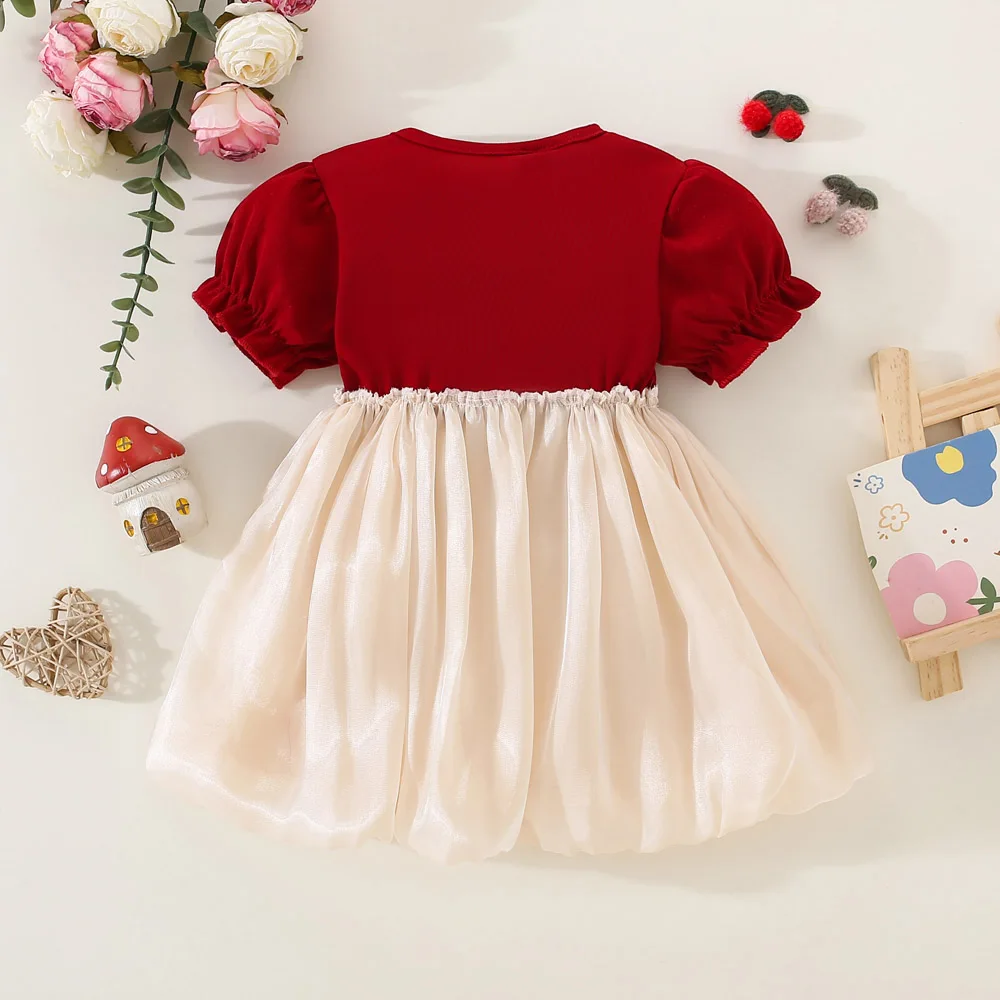 Summer 0-3 Girls\' Dress Baby Girl Bubble Sleeve Top Spliced Large Bow Mesh Fluffy Ball Sweet And Cute Dress