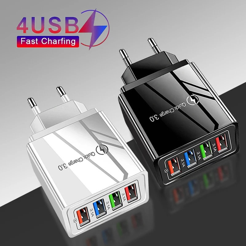 EU-Stecker, schnelles 4, USB-Ladegerät, Schnellladung 3.0, für Handy-Adapter für iPhone 15, Samsung Tablet, tragbares Wand-Handy-Ladegerät