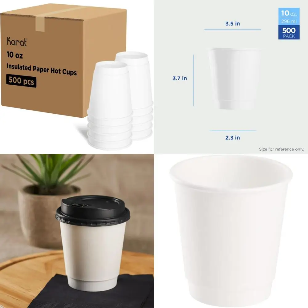 

Double-Wall Insulated 10 oz Coffee Cups, 500 Pack, White Paper Hot Cups with Rolled Rim for Hot Beverages, 90mm Size