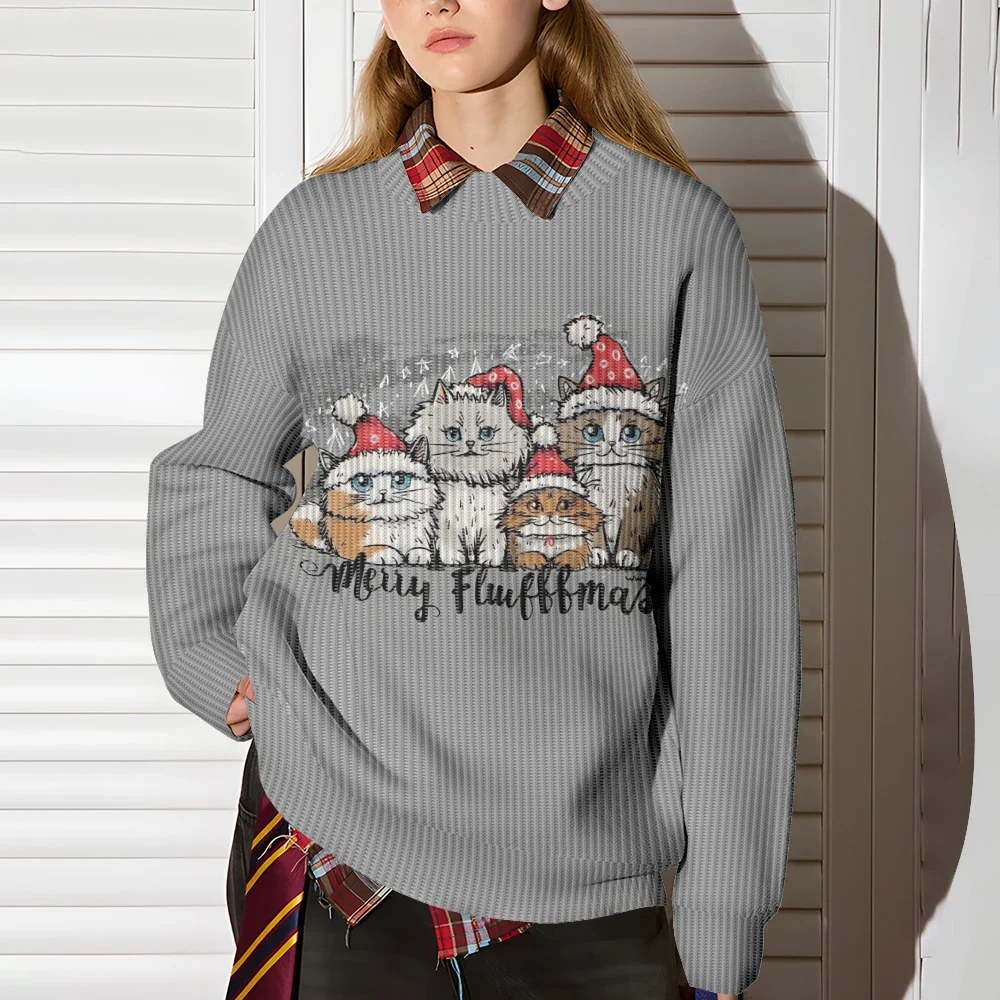 귀여운 고양이 가족 프린트 커플 맨투맨, 하라주쿠 클래식 겨울 풀오버 힙스터, 오버사이즈 후드, 홀리데이 선물, 회색 남성 상의