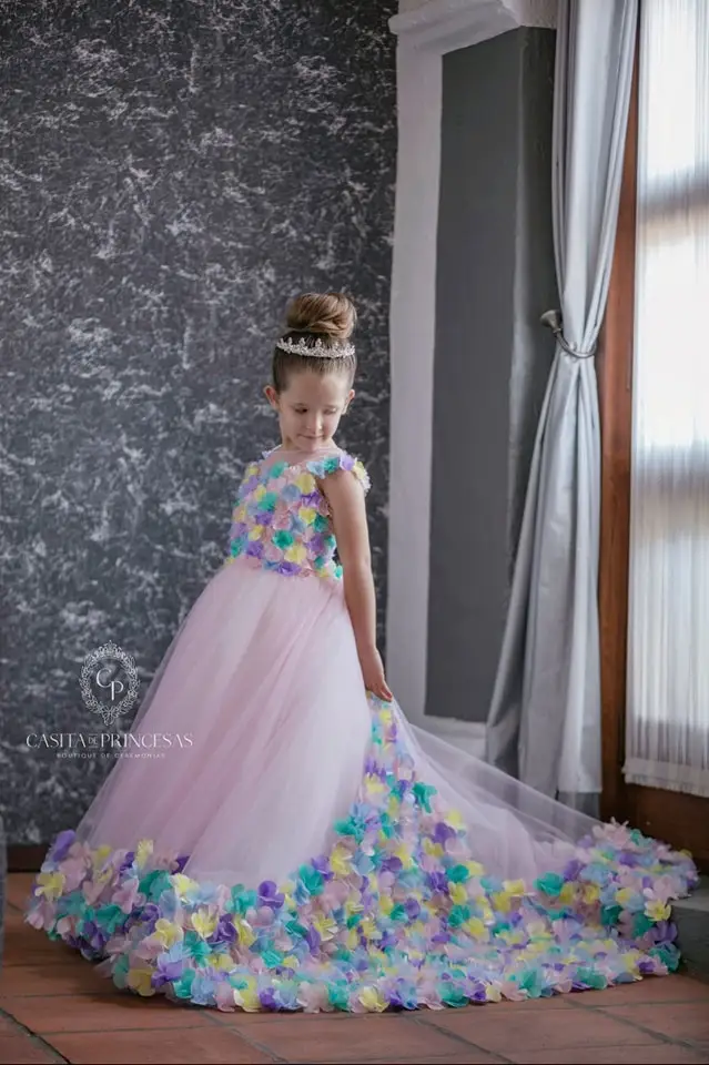 Rainbow Floral Girls Birthday Party Dresses Customized Princess Flower Girl Dresses Baby Kids Ball Gowns for Photo Shoot