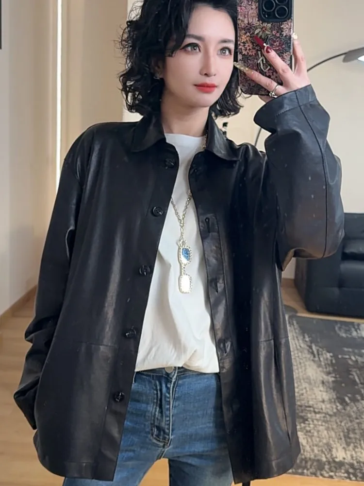 Luxury Real Leather Women Jacket Office Ladies Thin Double-Sided Sheepskin Coat Medium Length Loose Single Breasted Outerwear