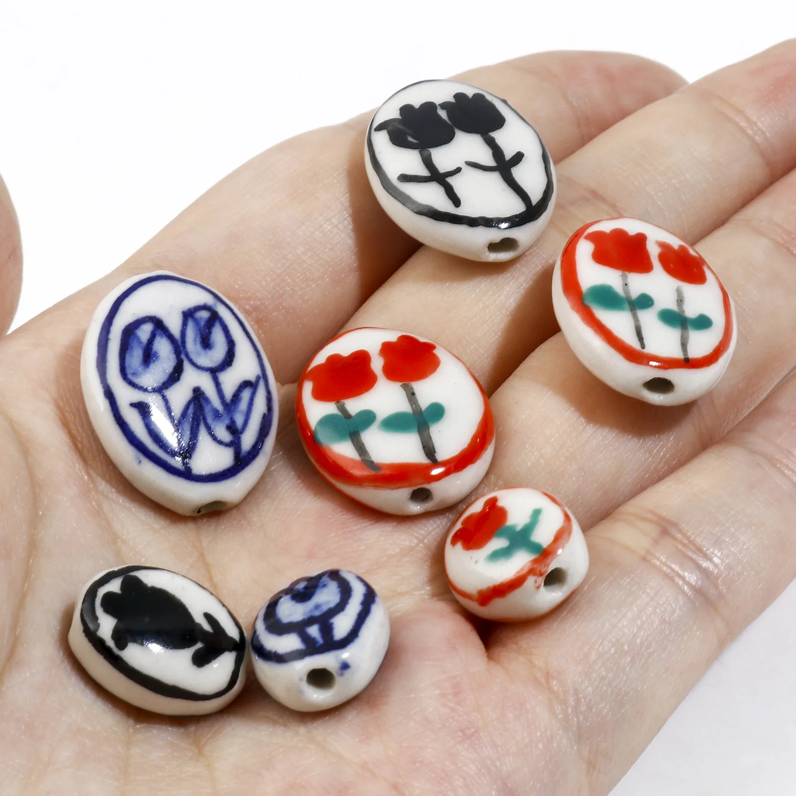 5PCs Ceramic Tulip Flower Pattern Beads Oval Multicolor Spacer Beads DIY Making Bracelets Necklace For Women Jewelry Findings