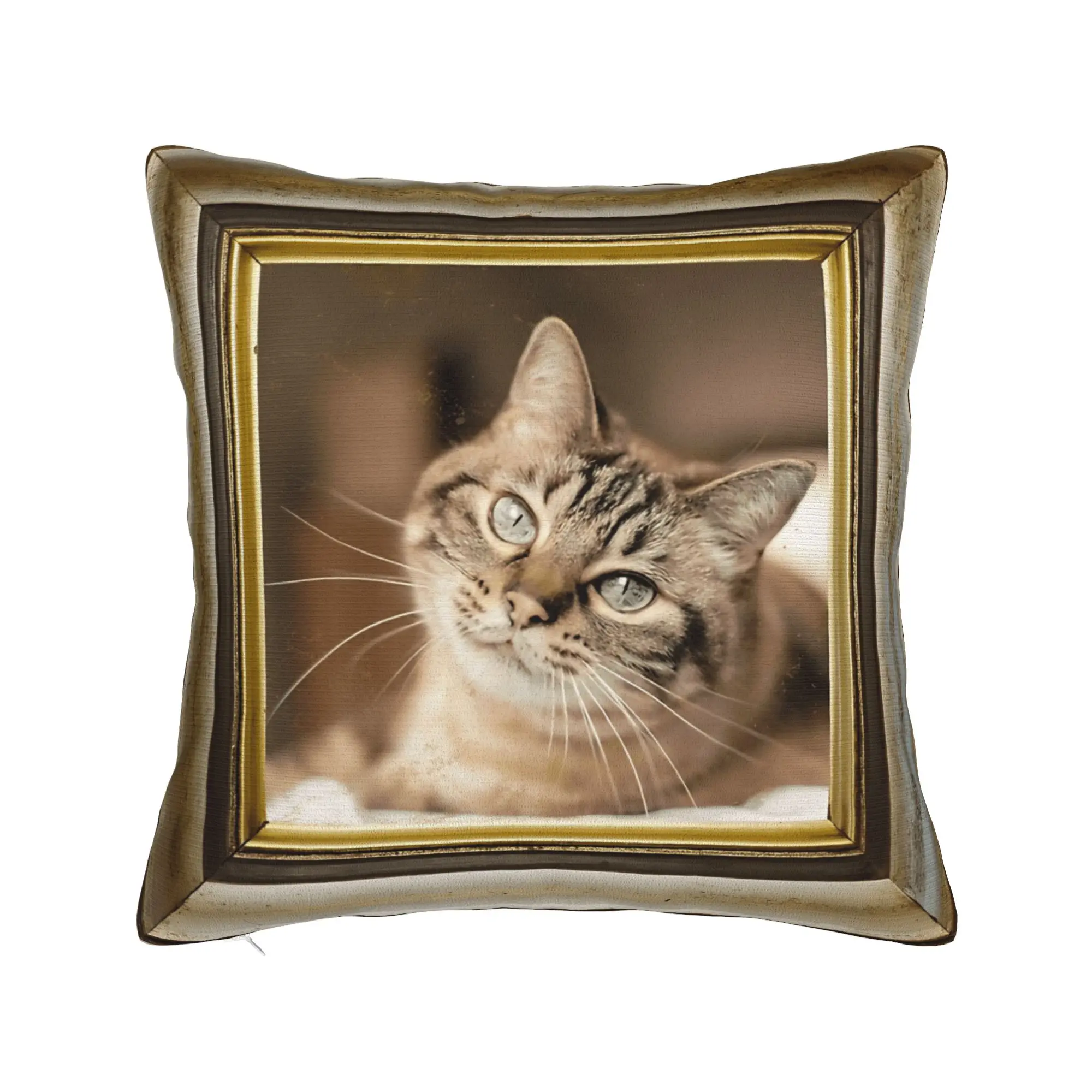 Cute Caroon Cat Portrait Photo Frame Art Pillowcases  Retro Trendy Pillow Case For Chair Sofa Home Decor Comfy Pillow Cover