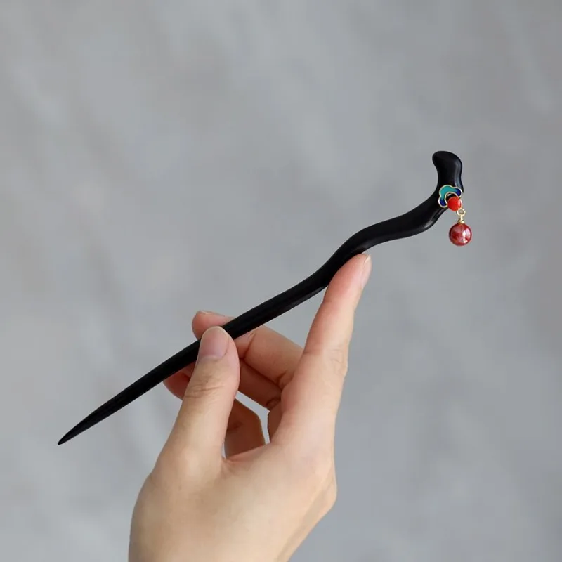 Ebony Hairpin with Cloisonne and Cinnabar Vintage Classic New Chinese Style Hanfu Hair Pin for Women Protective Talisman Gift