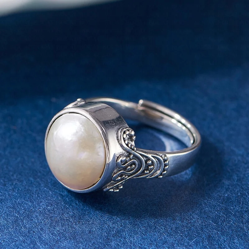 S925 Sterling Silver Charms Rings for Women New Fashion Ancient Emboss Pattern Inlaid Mabe-pearl Ancient Jewelry Free Shipping