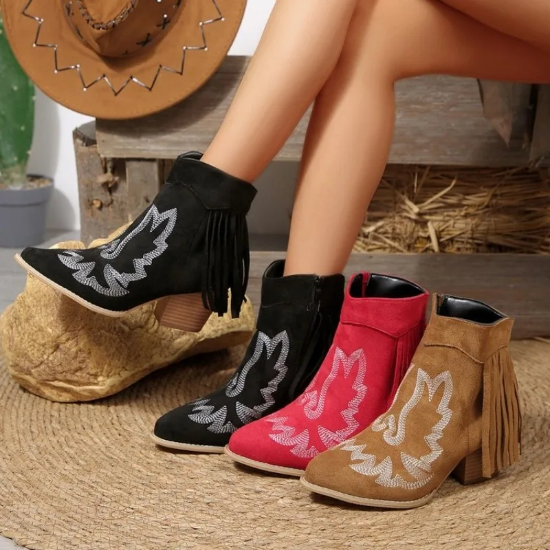Botines de mujer bordados con punta en pico, estilo western, con cremallera lateral, tacón cuadrado y aspecto de gamuza, botas cortas estilo cowboy.