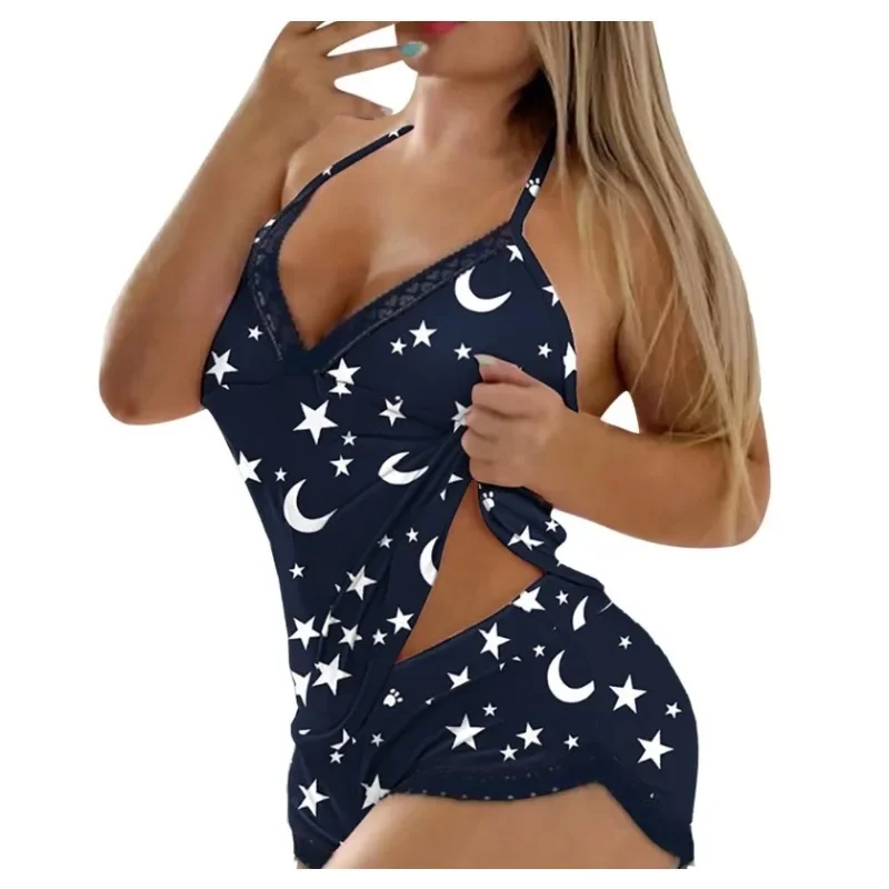 

2 шт./компл., сексуальные пижамы, женское эротическое белье, домашняя одежда с лямкой на шее и рюшами, шорты с короткими рукавами и принтом, студенческая одежда, женская