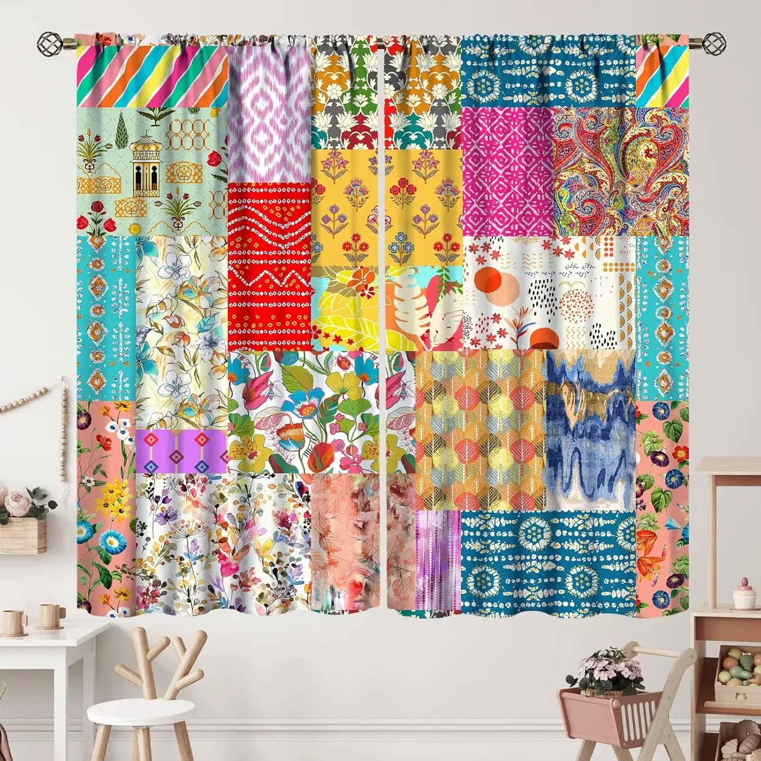 Retro Ethnic Mixed Floral Patchwork Blackout Rod Pocket Curtain Paisley Strip Chic Decor Dreamy Homestay Bedroom Rest Bay Window