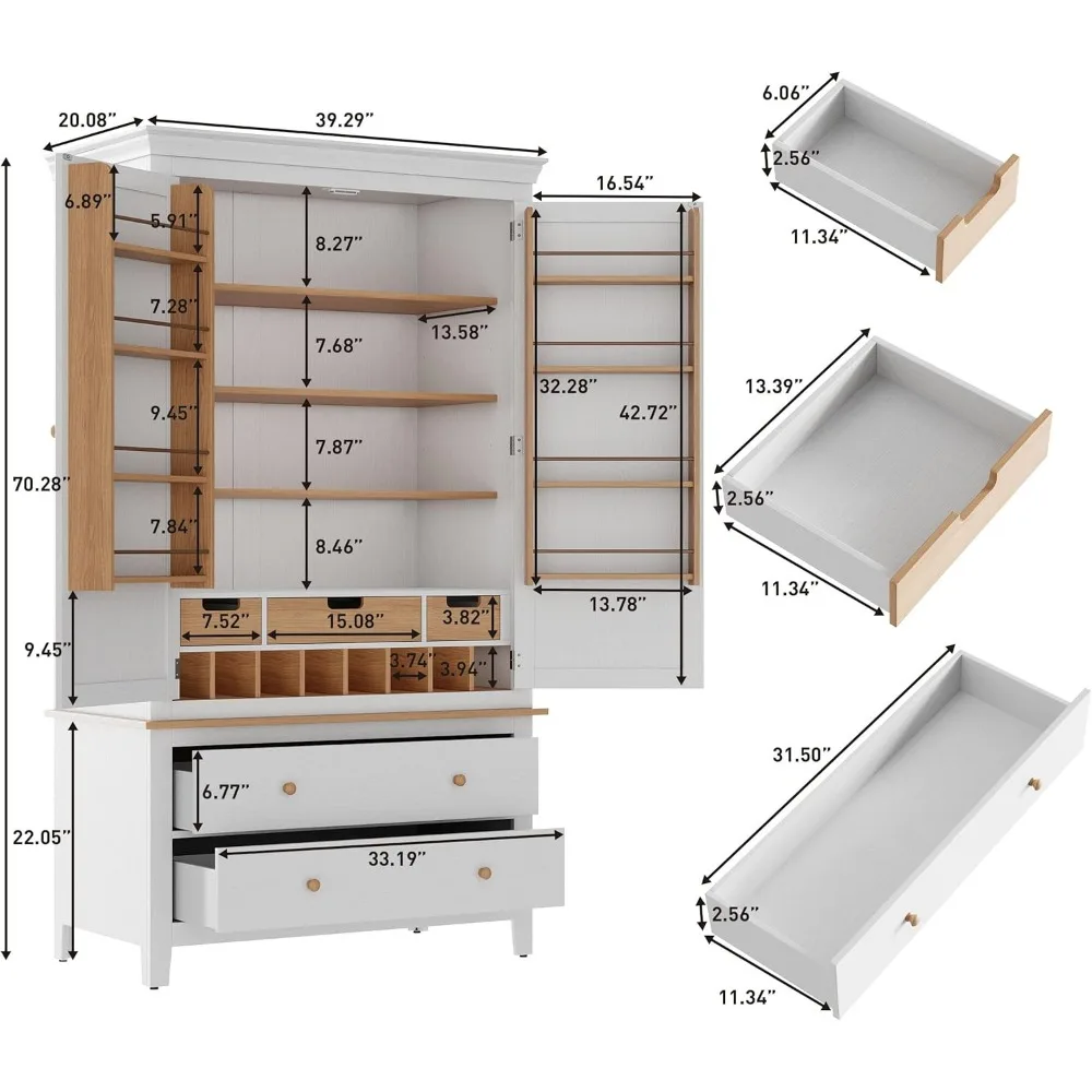 Tall Kitchen Pantry Cabinet,Wood Cupboard with 8 Door Storage Shelves,Large Storage Cabinet with Drawers & Adjustable Shelves