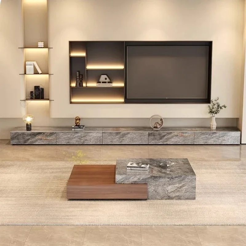 Modern luxury living room decoration Glossy Grey Stone TV Platform Media Console Eco-Friendly&Large Storage Durable&Easy Clean