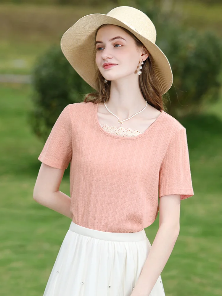 I BELIEVE YOU Lace Edge Short-sleeve Women T-shirts 2024 Summer New Slim Casual Soft Knit Solid Female Basics Tops 2242015663