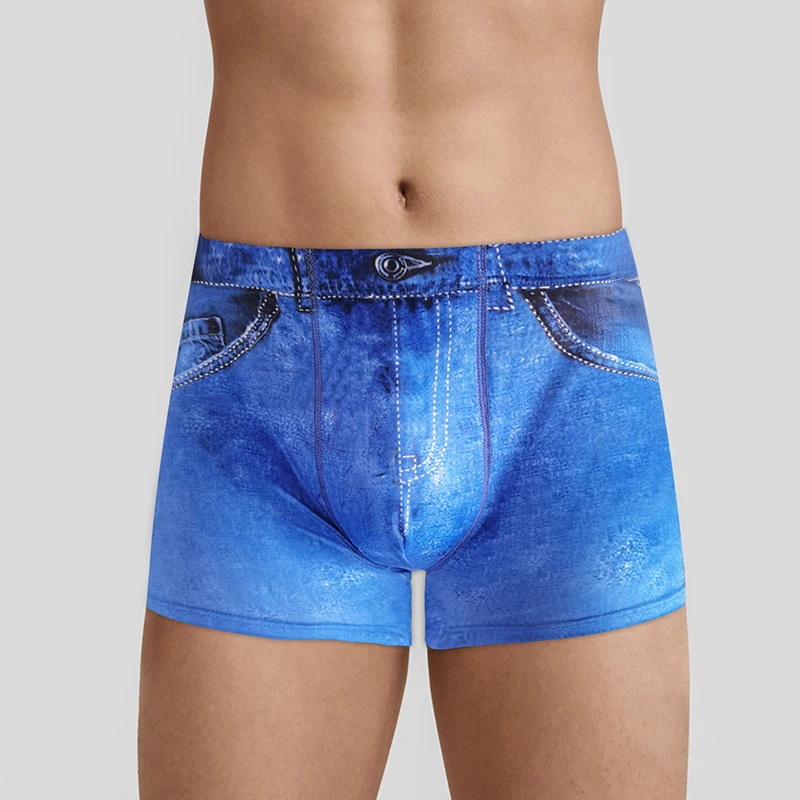 

Fashion Men Denim Underwear 3D Print Jeans Style Boxer Shorts Mens Cowboy U Convex Pouch Breathable Ice Silk Underpants Panties