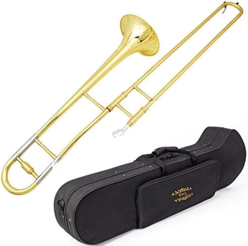 GTD-2 B Flat Brass Trombone with Case & 12C Mouthpiece,Gold Finished,Tenor Trombone