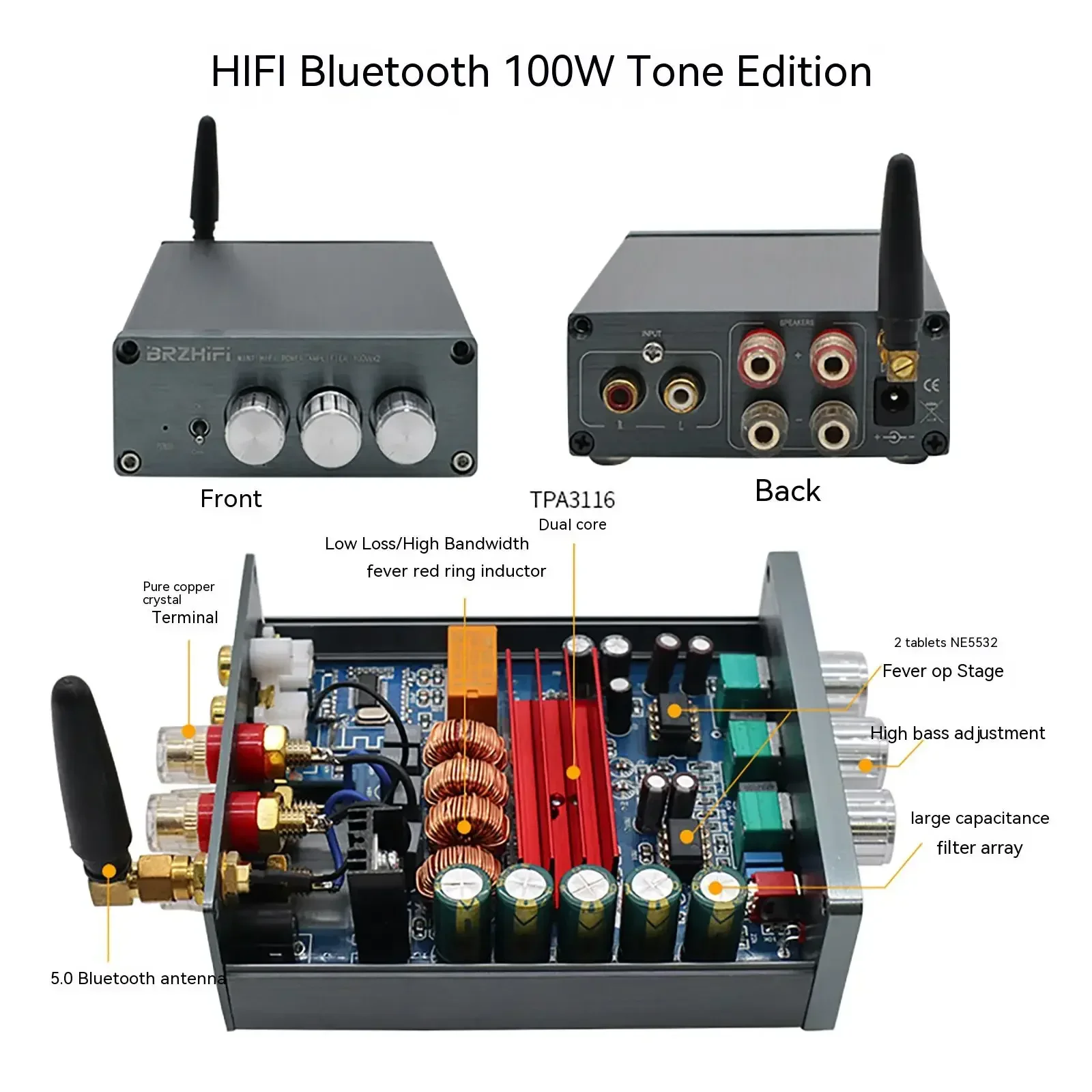 AMXEKR amplificateur numérique stéréo niveau de fièvre 2.0 TPA3116 50WX2 100WX2 amplificateur de puissance domestique Bluetooth 5.0
