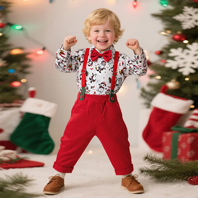 

Christmas Kids Boy Suit Santa Snowman Children Performance Outfit Little Boys Print Shirt Strappy Pant 2PCS Infant Baby Boy Suit