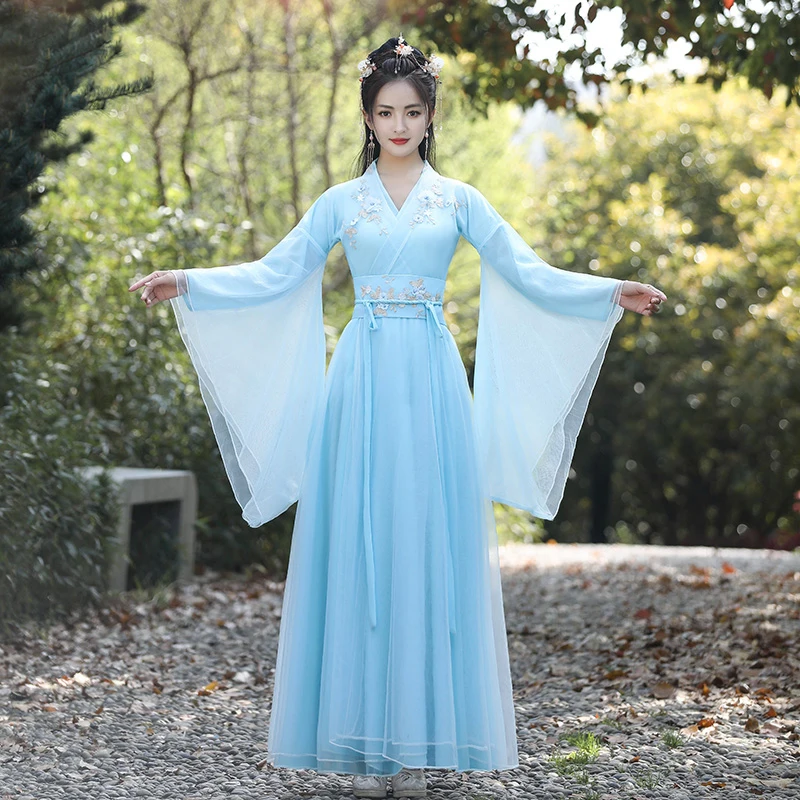 Women Wide Sleeve Ancient Fairy Hanfu Dress Modern Style Princess Clothes Travel Chinese Traditional Blue Tang Dynasty Suits