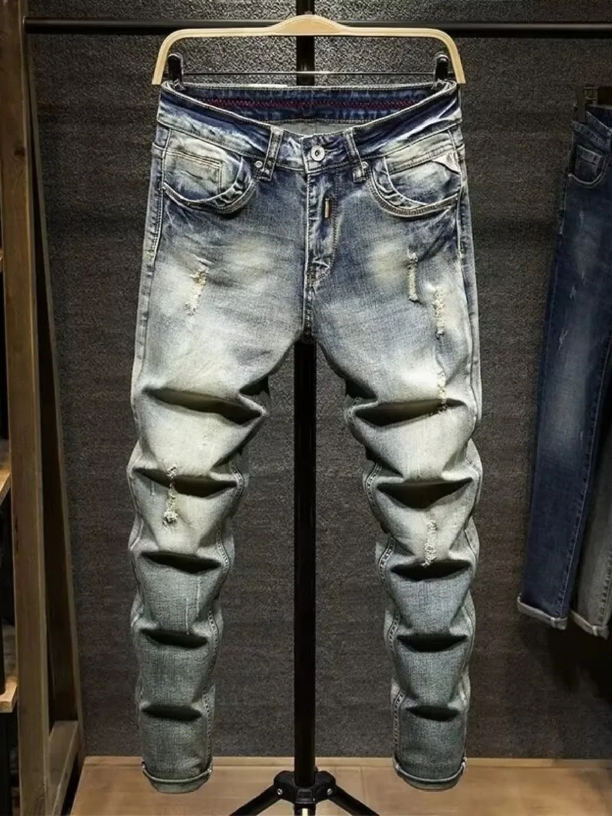 

Мужские джинсы Slim Fit в стиле ретро, весенне-осенние эластичные джинсовые брюки высокого класса, корейские модные длинные брюки