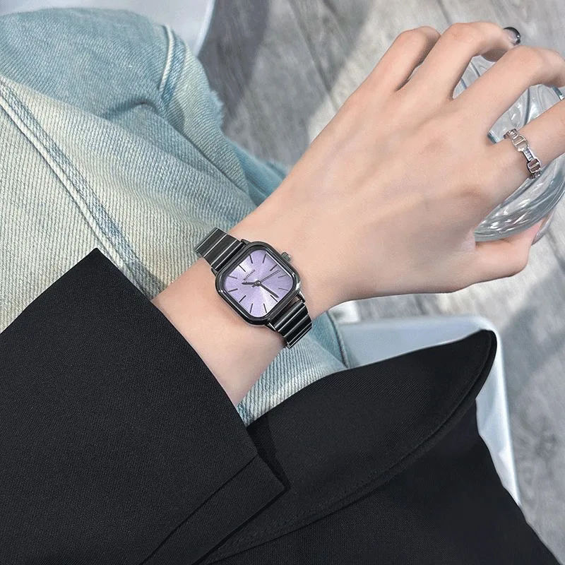 Black Tea Purple Women's Watch Strap Artistic Special Interest Light Luxury Watch Girls' High-Grade Simple Small Square P