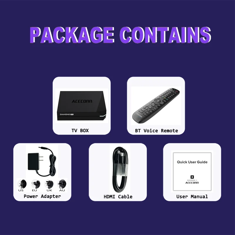 ACECONN Diamond-Pro TV Box IPTV 2GB+32GB Dual band WiFi 6 Bluetooth Voice Remote Control Backlight Button HD 4K