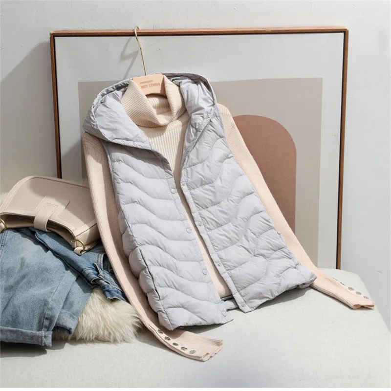 Autumn Winter Women Hooded Waistcoat Jacket Warm Light White Duck Down Vest Parkas Female Single Breasted Sleeveless Tank Coat