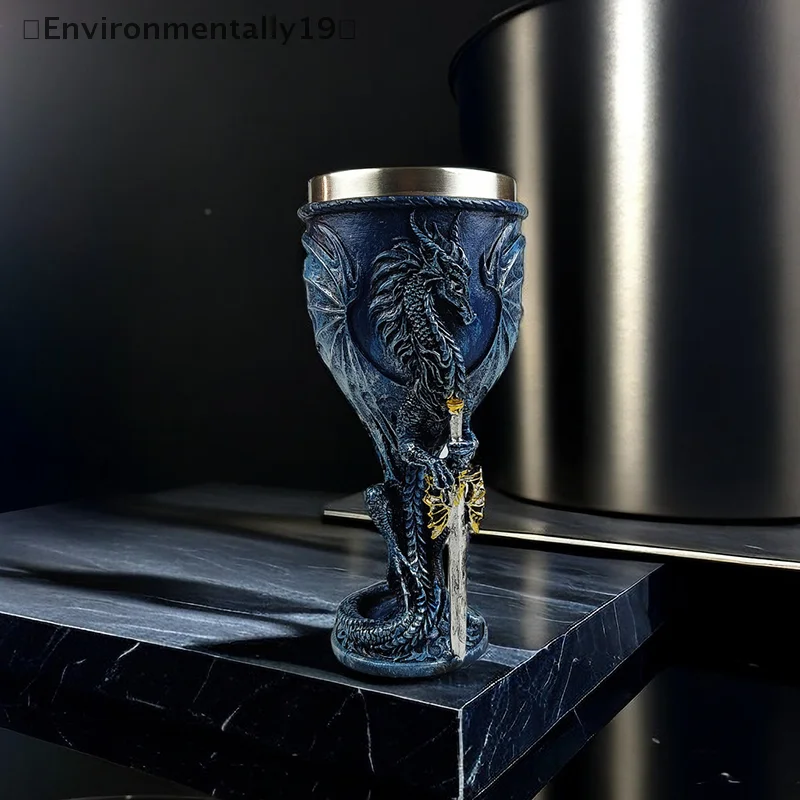 Blue Dragon Goblet Stainless Steel Dungeons And Dragons Gift Chalice Wine Goblet 7 Oz. (Blue Sword Dragon)