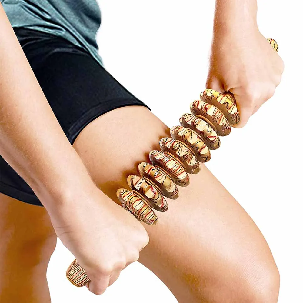 9 Rollers Curved Massager Handheld Stick Wooden Lymphatic Drainage Massage Tools for Anti-cellulit, Body Muscle Pain Relief