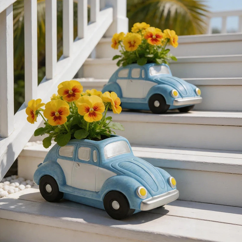 Retro Beetle Car Ceramic Plant Pot Stylish Auto Succulent Container for Tiny Indoor Plants Household Desktop Balcony Decor