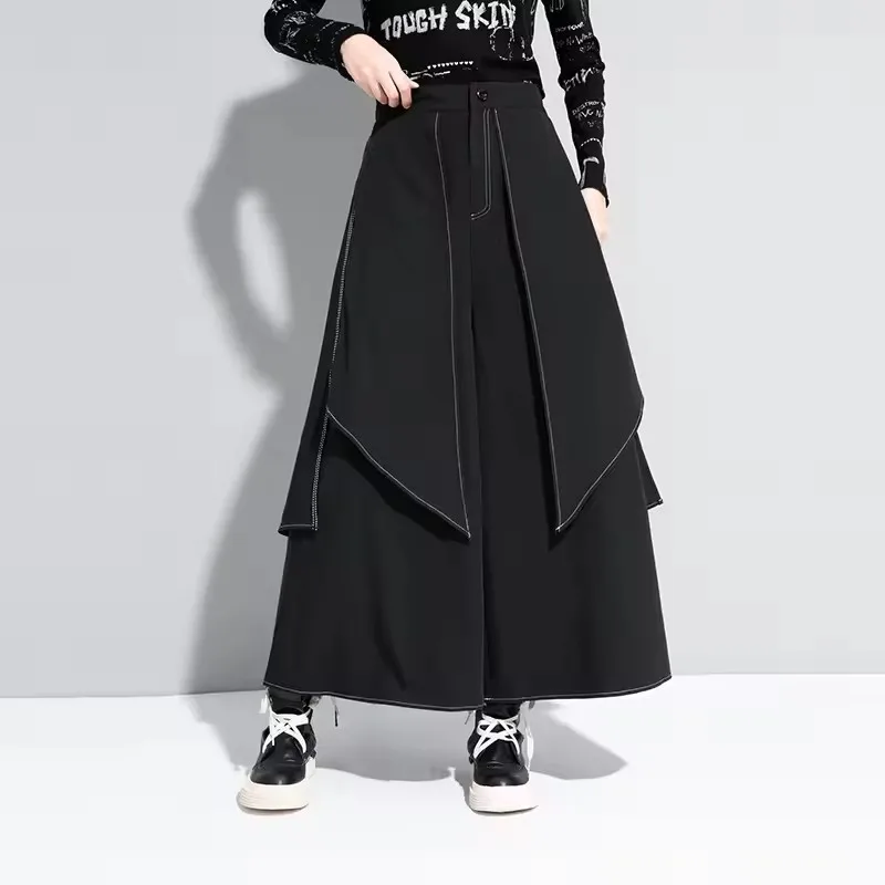 Korean Woman Black Irregular Pants 2025 New Loose False Two-piece Wide Legs Pants Ladies Casual Streetwear Hurajuku Trousers