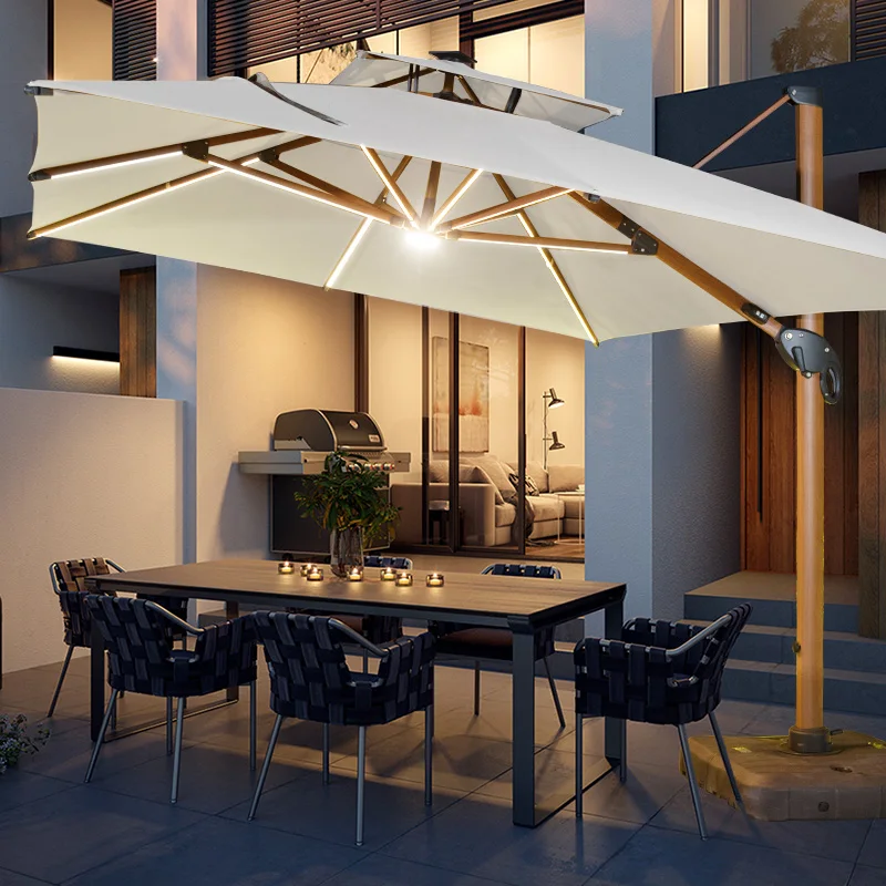 Solar Patio Large Umbrella with Led Lights, Wooden, Aluminum, Garden,  Beach, Anti-UV Cantilever, Outdoor Umbrellas with Base